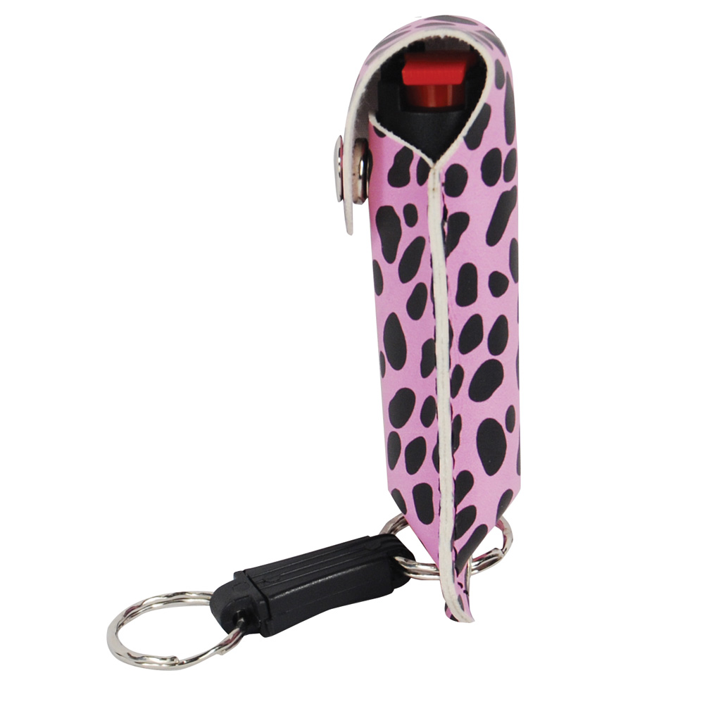 Wildfire 1.4% MC 1/2 oz pepper spray fashion leatherette holster and quick release keychain cheetah black/pink view 4